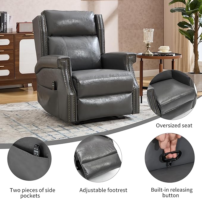 Manual Recliner Chair Faux Leather Push Back Recliners with Vibration Massage Lumbar Heat Living Room Single Sofa Reclining Rivet Design Chair Gray