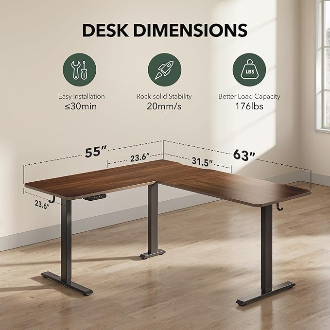 Cubiker Reversible L Shaped Standing Desk - 63 x 55 Inch Electric Adjustable Height Corner Standing Desk Ergonomic Sit Stand Up Table with 3 Memory Buttons Splice Board for Home Office Black Walnat