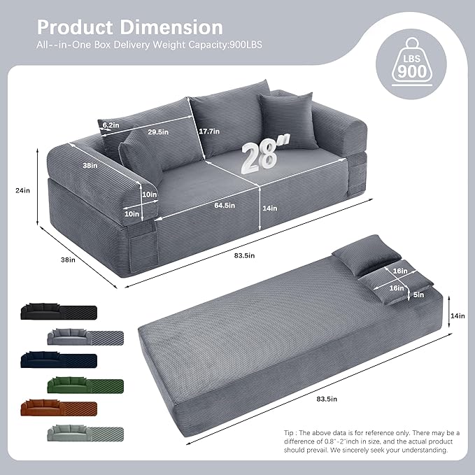 83 Modern Sofa in a Box No Assembly Oversized 3 Seater 28 Deep Seat Cloud Sofa Bed Couch with 4 Furry Pillows &amp Corduroy Fabric Boneless Couch with Side Storage Pockets for Living Room Dark G