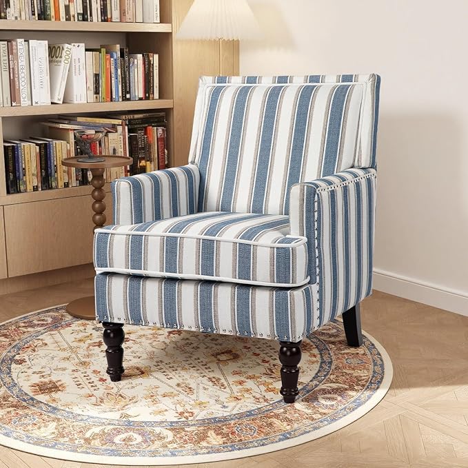 Rovibek Midcentury Modern Accent Chair - High Back Living Room Chairs Upholstered Armchair with Solid Legs Blue Striped Accent Chair for Living Room Bedroom Balcony