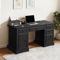 Vipbear 59 Farmhouse Executive Desk with Drawers Wood Home Office Computer Desk Featuring Lockable File Drawer Storage Cabinet &amp Power Outlet Storage Cabinet for Work Study Writing (Black)