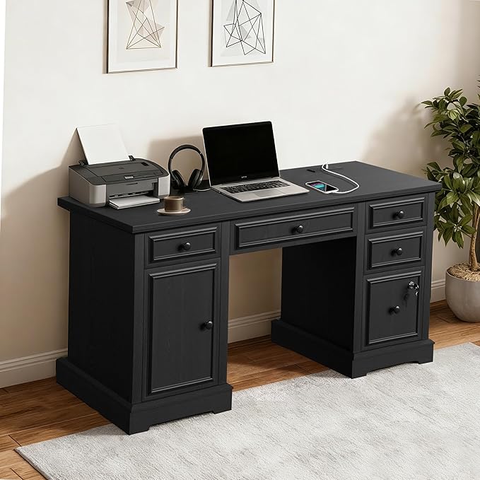 Vipbear 59 Farmhouse Executive Desk with Drawers Wood Home Office Computer Desk Featuring Lockable File Drawer Storage Cabinet &amp Power Outlet Storage Cabinet for Work Study Writing (Black)