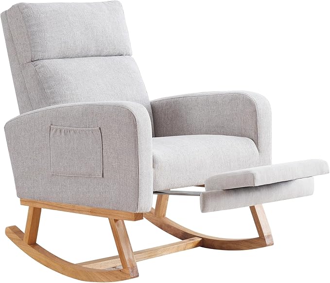 Rocking Chair Nursery with Foot Rest Nursing Rocking Chairs for Mom Breastfeeding Rocker Glider Chair with High Backrest for Living Room Bedroom Light Grey