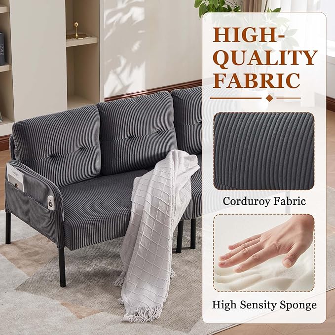 Loveseat Sofa 67” Small Sofa Couch for Living Room Comfy Corduroy Fabric Love Seat for Bedroom with Throw PillowRemovable Cushion CoverCouches for Small SpaceApartmentDorm (Gray)
