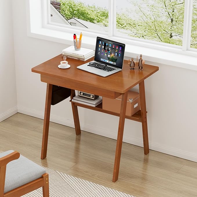 Solid Wood Desk with Drawers - 31.5 Inch Mid Century Modern Desks with Storage Shelf Small Writing Desk for Small Spaces Home Office Desks for Bedroom &amp Home Walnut Color