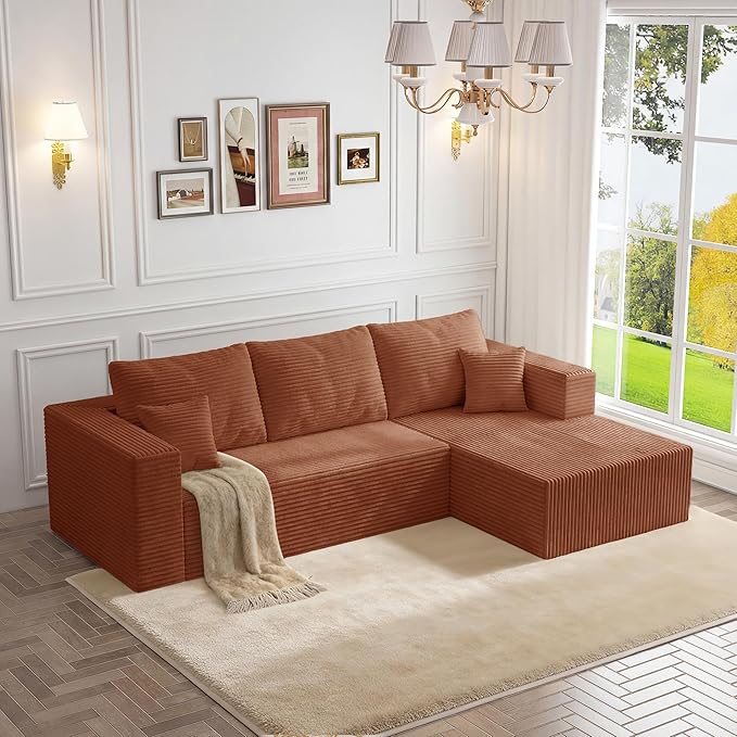 108 Modular Sectional Sofa L-Shaped Cloud Couch with Deep Seats &amp Chaise Convertible 4-in-1 Corduroy Boneless Couches for Living Room Bedroom No Need Assembly - Brown