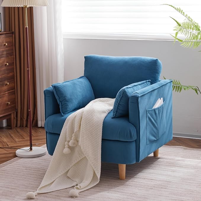 29.5 W Modern Fabric Decorative Chair Armchair Upholstered Reading Chair Single Sofa Casual Club Chair with Solid Wooden Feet and 2 Pillow for living room bedroom bed room office corduroy fabric