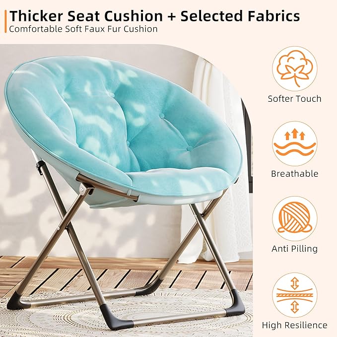 GAOMON Saucer Chair Comfy Chair Faux Fur Lounge Moon Chair with Folding Metal Frame Oversized Plush Flower Accent Seat for Adults Teens &amp Kids for Teens Bedroom Dorm or Living Room Blue