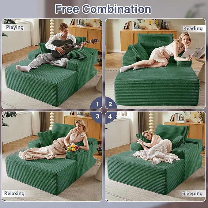 49.2 Oversized Chaise Lounge Chair Indoor Modern Upholstered Deep Seat Sofa Bed Sleeper Couch Reading Chairs Comfy Corduroy Cloud Sofas Couches for Living Room No Assembly Green