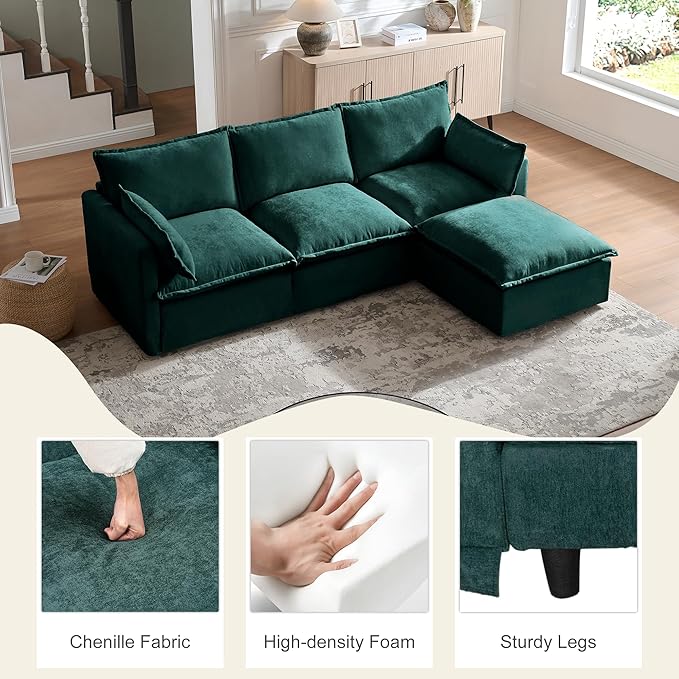 93.31 Inch L-Shaped Couch Sofa with Ottoman Modular Sectional Sofa with 4 Seats and Pillows for Home Living Room Modern Chenille Fabric Large Comfy Cloud Couch DIY Combination (Green-93inch)