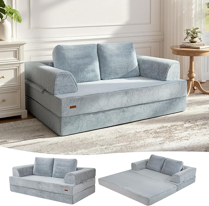 COMAX Convertible Sofa Bed Folding Floor Couch Fold Out Couch Bed Futon Sleeper Mattress with Pillows Boneless Sofa Comfy Lounge Loveseat for Living Room Bedroom Snow Light Grey