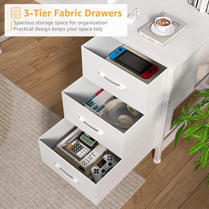 DLisiting White Computer Desk with Hutch &amp Drawers - Office Desk with 3 Storage Drawers and Power Outlets 47 Inch Modern Study Writing Desk for Bedroom Home Office