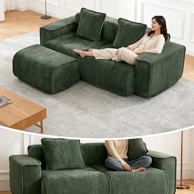 Casaphoria Green Velvet Modular Sofa L-Shaped 2 Seater Sectional with Ottoman &amp 2 Removable Pillows No Assembly Required 78.74 Inch Sofa for Small Apartments &amp Living Rooms