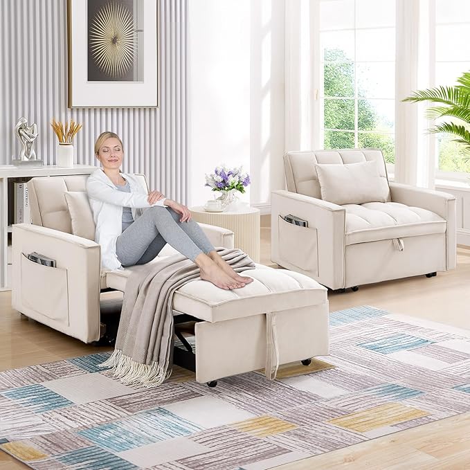 Antetek Sleeper Sofa Chair Bed Convertible Velvet Single Pull Out Sofa Chair Modern Tufted Living Room Reading Chair with Adjustable Backrest/Pillow for Small Spaces Apartment Office Beige