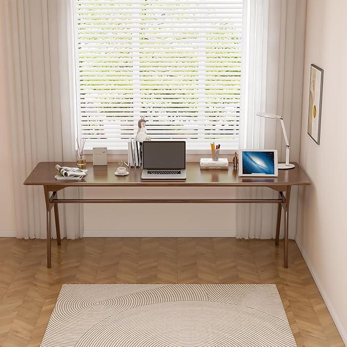 Solid Wood Study Desk - 78.8 Double Long Computer Table for Home Office 2-Person PC Workstation Walnut