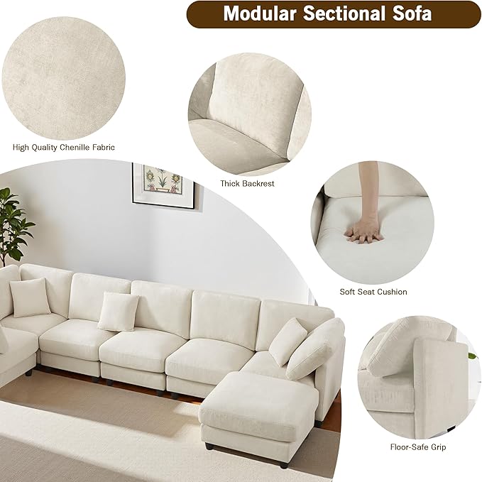 Modular Sectional Sofa Oversized Chenille Cloud Couch with Movable Ottoman 7 Seater Cloud Sectional Couch Convertible L/U-Shape and Sofa Bed Couches for Living Room Beige