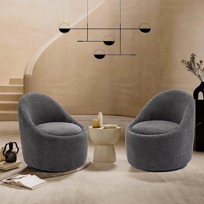 COLAMY Swivel Accent Chair Set of 2 360° Swivel Round Chair with Hidden Storage Modern Small Barrel Armchair for Living Room/Bedroom Darkgrey Textile Material