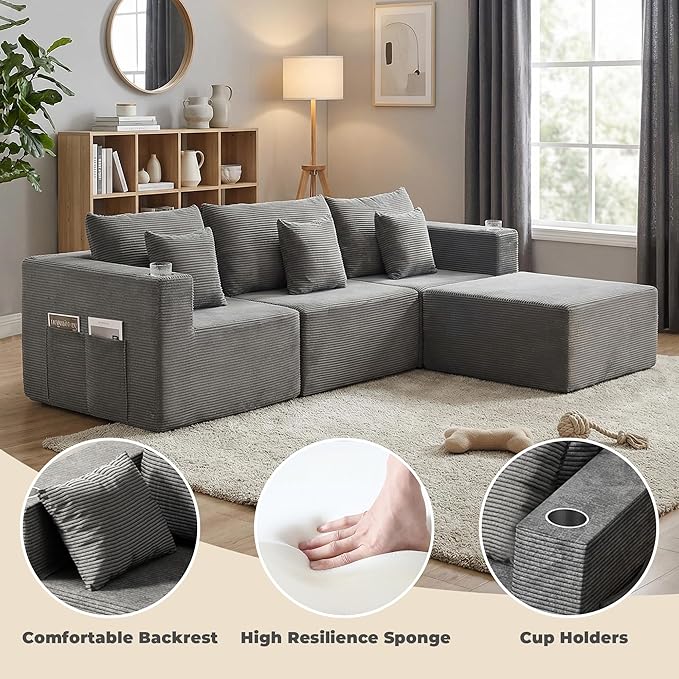 WELAX 104 Modular Sectional Couches for Living Room Boneless Couch L-Shape with Cup Holders &amp Pillows Modern Corduroy Cloud Sofa 4 Seater Home Comfy Sofas for Bedroom Grey