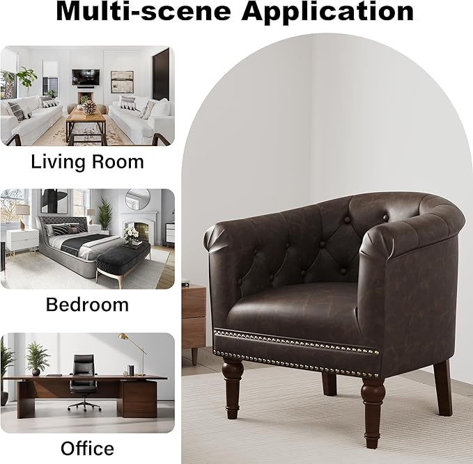 Accent Chair Upholstered Faux Leather Barrel Chair with Nailed Trim Comfy Club Armchair for Reading Living Room Bedroom Waiting Room (Chocolate Set of 1)