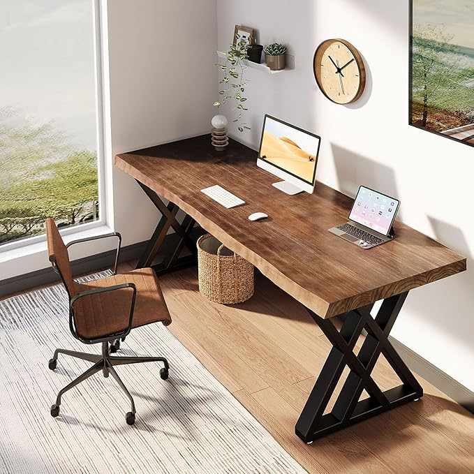 Solid Wood Computer Desk Study Office Desk 55 Writing Desk Modern Simple Style PC Table Black Metal Frame Solid Wood Planks 55 D x 27 W x 29 H for Home Office BedroomRustic Brown