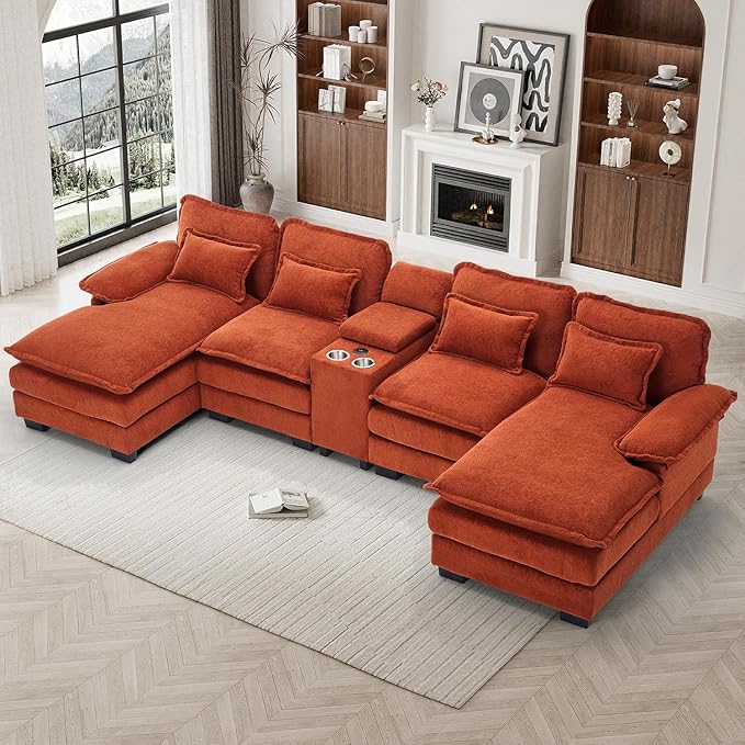 133 Oversized U Shaped Cloud Couch Modular Sectional Couches for Living Room Comfy Chenille Deep Seat Sofa Set with Double Chaise Lounge Storage Central Console Cup Holders USB Port Orange
