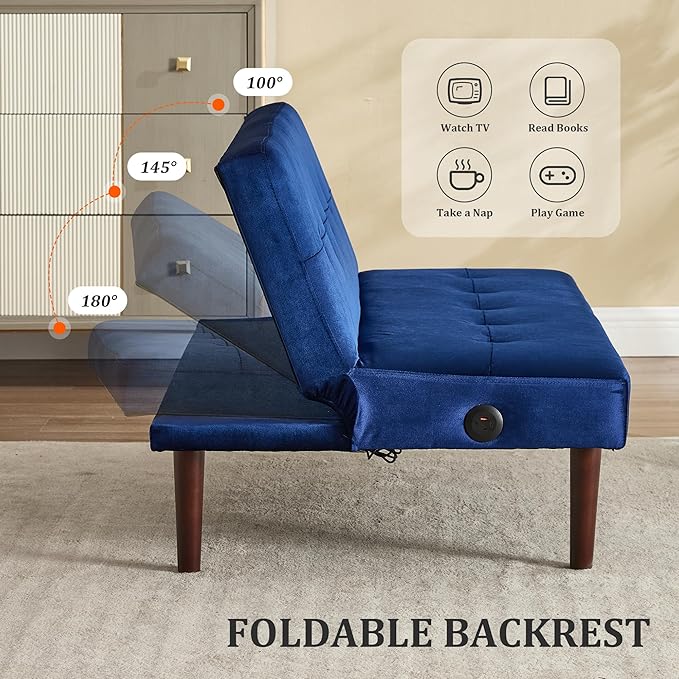 Anwick Convertible Futon Sofa Bed with Charging Port 45″ Folding Sleeper Sofa Adjustable Backrest Small Couch for Living Room Small Spaces Or Office Modern Loveseat (Blue)