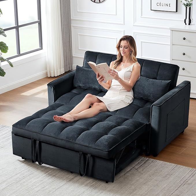 3 in 1 Pull Out Couch Bed Convertible Futon Sofa Bed Velvet Sleeper Loveseat for Small Living Room Adjustable Backrest Comfy Pillows Side Pocket (Black)