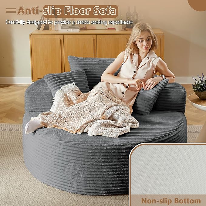 Oversized Round Chair Lounge Chaise Indoor Upholstered Corduroy Deep Seat Cloud Large Circle Sofa Chair No Assembly Required Fluffy Modern Sleeper Sofa Bed for Reading Living Room Bedroom Gray