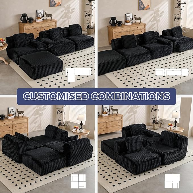 VK·LIVING 113 Cloud Sectional Couch Deep Seat Boneless Sofa with Wide Armrests 16.5'' Height Modular Plush Corduroy Memory Foam Couch for Living Room Office No Assembly Black