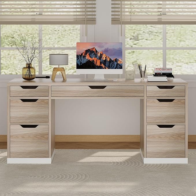 54 Inch Computer Desk with Storage Drawers Executive Desk with 7 Drawers for Bedroom Office Desk with File Cabinet for Work Study Writing Small Spaces White and Walnut