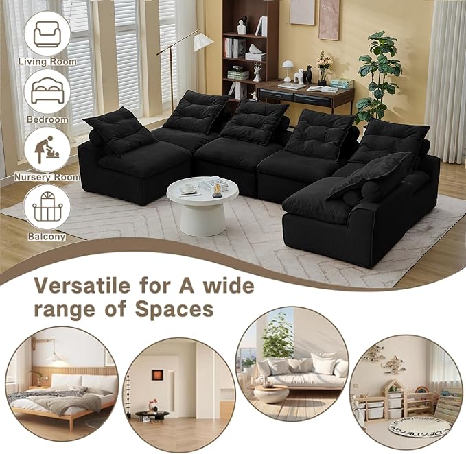 JUSTONE Modular Sectional Sofa CouchNo Armrests Floor SofaNeck Pillow-Back Lounge Sofa ChairSoft Corduroy FabricDurable SupportSmall Sofa for Living RoomApartment Guest Room6 SeatsBlack