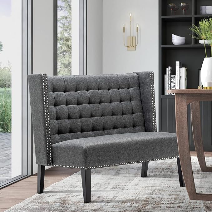 Tongli 46 Small Modern Loveseat Settee Sofa 2-Seat Sofa Couch Tufted Love Seat Dining Bench with Nail Head Trim Back Banquette Sofas for Living Room Small Space Entryway Hallway Slate