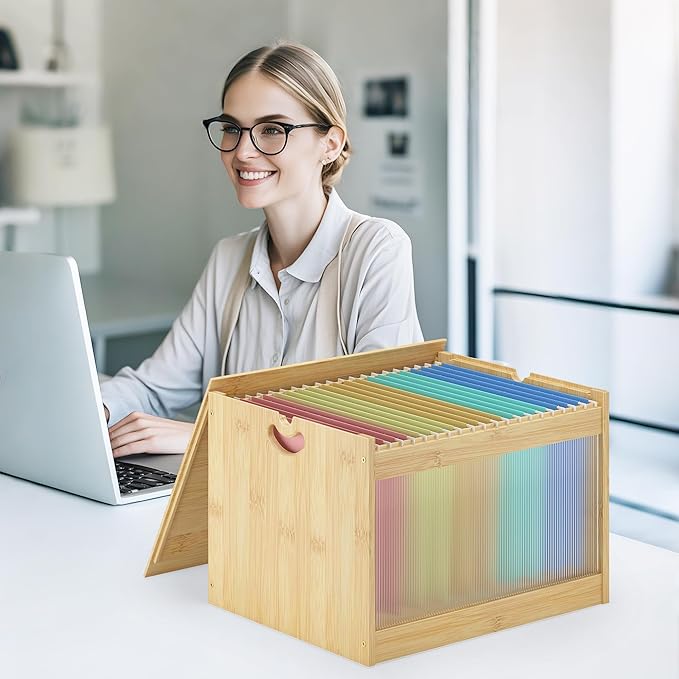 Hanging File Box Organizer for Letter Size Bamboo Acrylic File Folder Storage with Lid Clear Moving Boxes Wooden with Handle Desktop Wood Filing Holder for Office Banker Document Nature 1 Pack