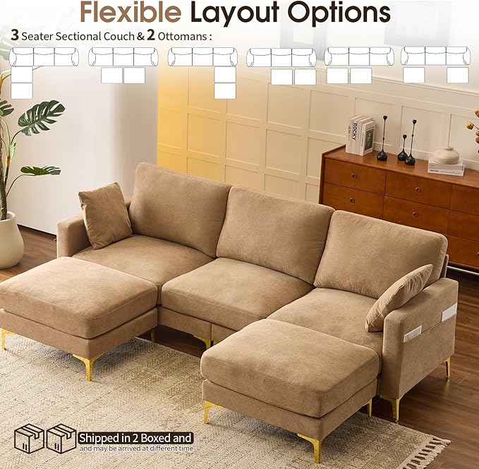 VINGLI 100 W U Shaped Couch with Ottoman 22 Deep Seat Comfortable Sectional Couches for Living Room 3 Seater Chenille Fabric Cloud Sofa for Apartment Small Spaces Bedroom Khaki