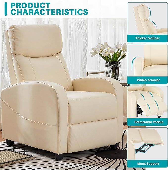 Sweetcrispy Massage Recliner Chair for Adults Adjustable Home Theater Seating with Lumbar Support for Living Room Modern Fabric Reclining Beige