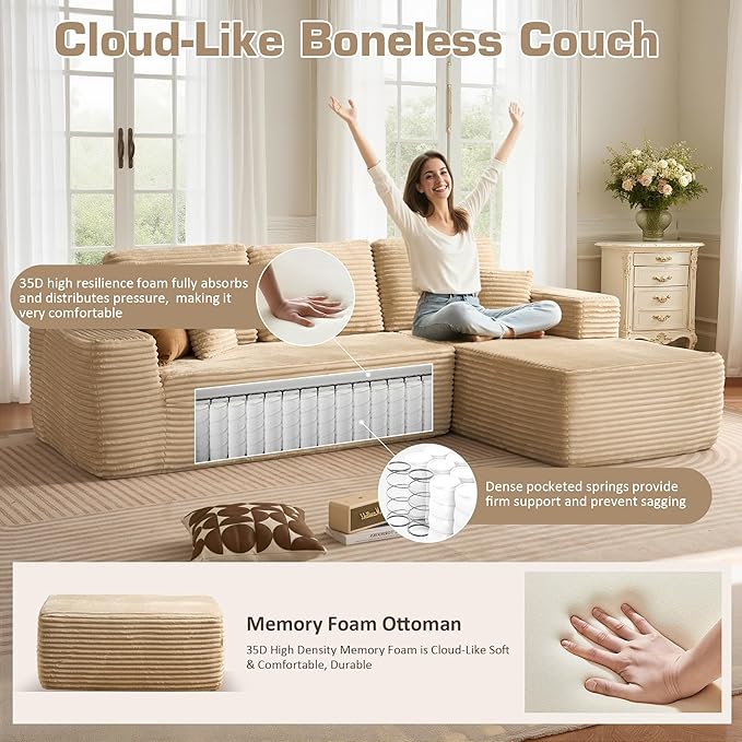 106 Cloud Sectional Couch with L-Shape Chaise &amp Ottoman No Assembly Modular Sofa Deep Seat Plush Corduroy Boneless Couched for Living Room (Beige Plush Corduroy L Shape with Ottoman-Right Faci