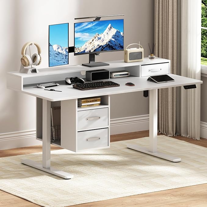 55x24 Inches Standing Desk with Drawers Electric Computer Desk with Open Storage Shelf Stand Up Desk Adjustable Height 28-46 Inches for Home and Computer Workstation White