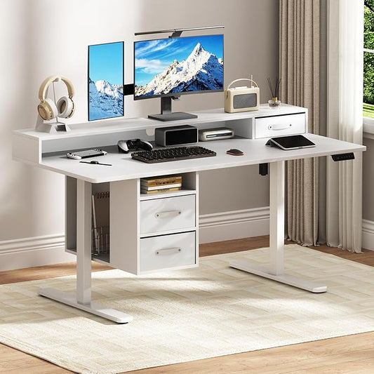 55x24 Inches Standing Desk with Drawers Electric Computer Desk with Open Storage Shelf Stand Up Desk Adjustable Height 28-46 Inches for Home and Computer Workstation White