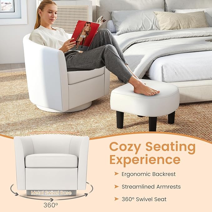 GOFLAME Swivel Barrel Chair with Ottoman Modern Linen Fabric Accent Chair with Footrest Curved Backrest Removable Seat Cushion Upholstered Club Tub Sofa Chair for Bedroom Living Room Ivory