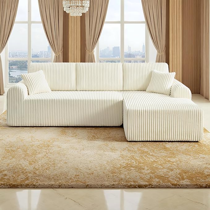 109“L-Shaped Sectional Sofa Boneless Couch Upholstery Cloud Modular Couch with Chaise No Assembly Required Corduroy Fabric Combination Deep Seat Living Room Bedroom(Cream Right Hand Facing)
