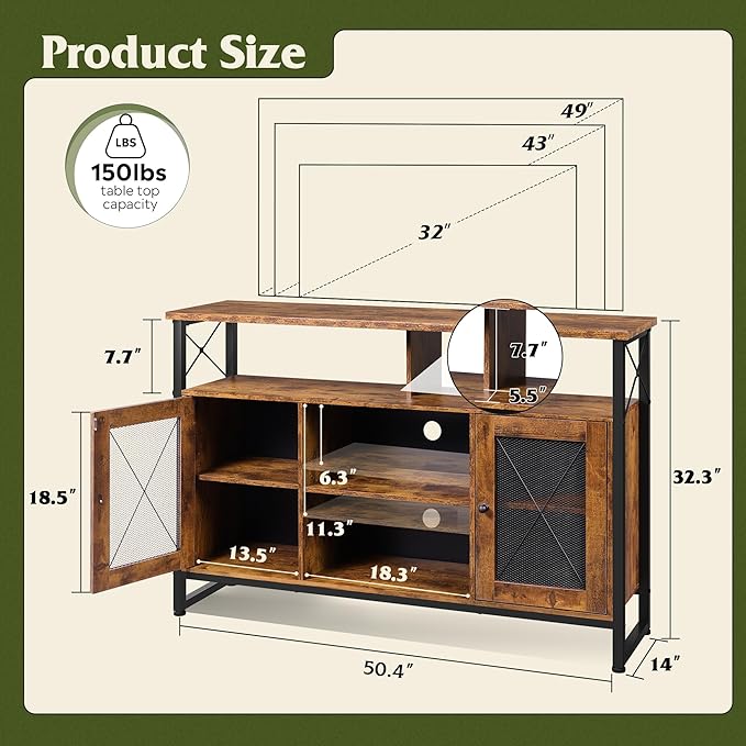 WLIVE TV Stand 55 inch TV Tall Entertainment Center with Storage Farmhouse Industrial TV Console for Bedroom Living Room Rustic Brown