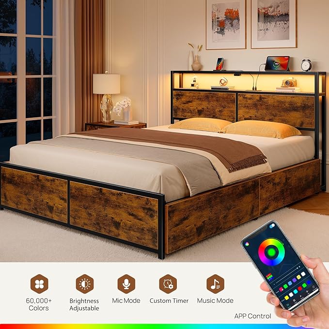 Rolanstar Queen Bed Frame with 4 Storage Drawers Charging Station and LED Lights Metal Platform Bed with 2-Tier Storage Headboard No Box Spring Needed Easy Assembly Noise-Free Rustic Brown