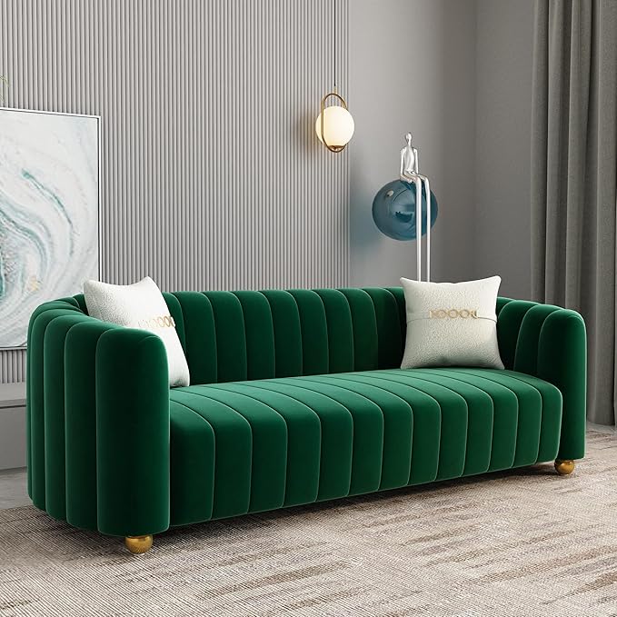 Modern Green Velvet Couch for Living Room 83.46 Curved Sofa with Gold Metal Sphere Legs 3 Seater Cute Couch (Velvet Green)