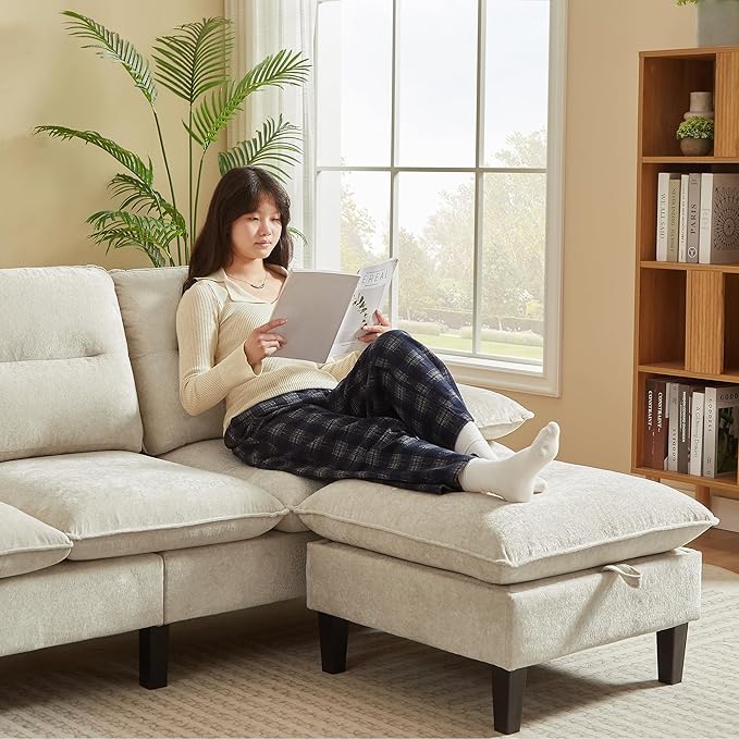 86'' Chenille Sofa with Storage Ottoman Modern Living Room Sofa with Removable Washable Cushion 3 Seater Comfy Couch for Apartment Bedroom Office (Beige)