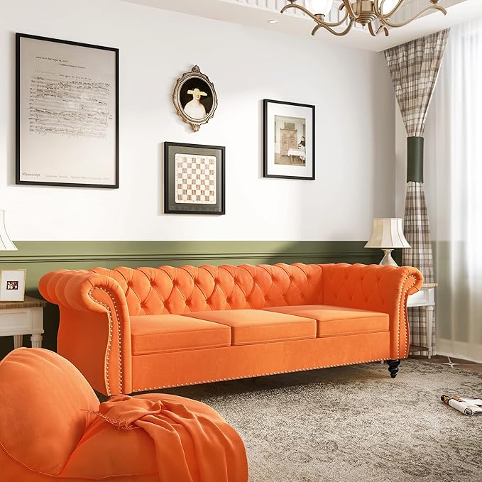 AVZEAR 2-Piece Living Room Sectional Sofa Set Upholstered Sofa Modern Sofa Couches Set Style Button Tufted Velvet Chesterfield Sofa for Living Room Apartment 2+3 Seat Orange