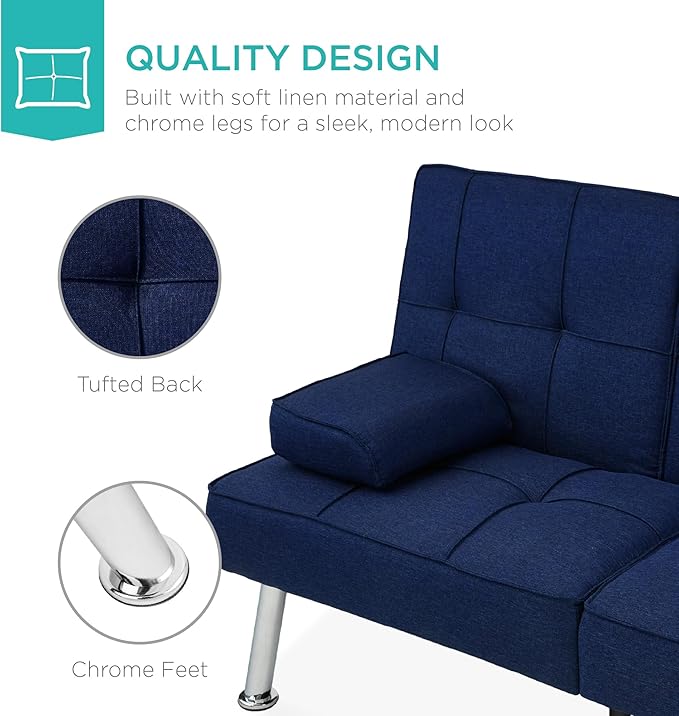 Best Choice Products Linen Modern Folding Futon Reclining Sofa Bed for Apartment Dorm w/Removable Armrests 2 Cupholders - Dark Blue