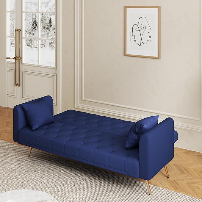 71 Futon Sofa Bed VelvetConvertible Sleeper Sofa CouchModern Folding Futonwith 3 Adjustable Backrests and 2 Pillowsfor Small Living Room Bedroom Office (Blue)