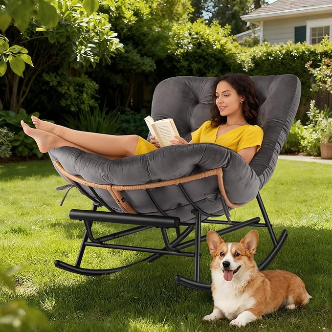GAOMON Papasan Rocking Chair with Foot Rest and Thick Waterproof Cushion Ergonomic Papasan Chair with Metal Frame &amp PE Rattan Lounge Chairs for Patio Garden Lawn Living Room and Relaxation Spac