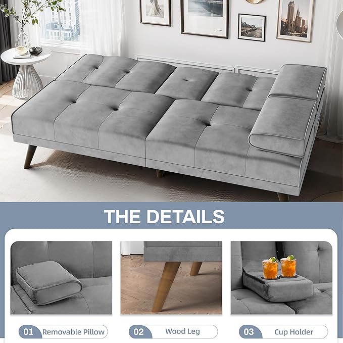 JAMFLY Futon Couch Sofa Bed Convertible Small Sleeper Sofa Chair Loveseat with Cup Holder for Small Spaces Living Room Bedroom Gameroom Apartment Dorm (Light Gray)
