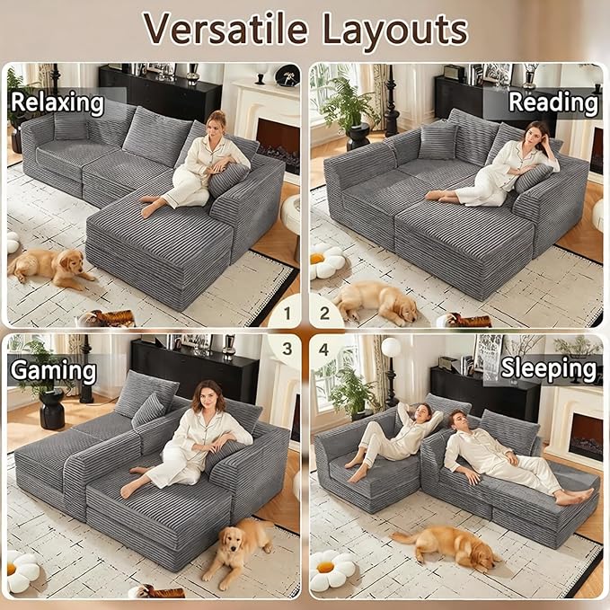 102 L-Shaped Modular Corduroy Cloud Sofa 3-Seater with Reversible Chaise Modern Deep Seat Memory Foam Boneless Cushion for Living Room Apartment Bedroom No Assembly Required